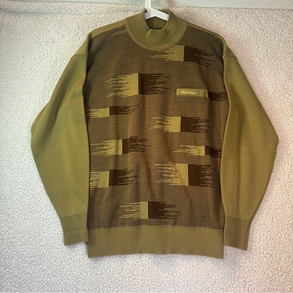 Vintage Valentino Woolon Knit Sweater 100 (L) Olive Brown Geometric 80s 90s